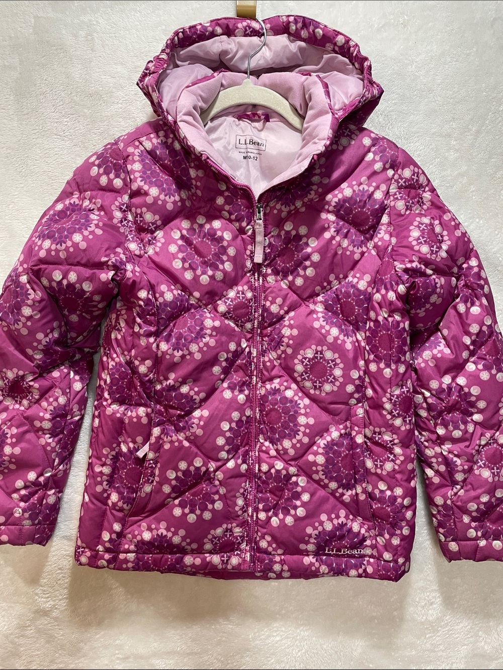 L.L Bean Girls Down Jacket Purple Pink Floral Quilted Hooded Puffer Coat M 10/12